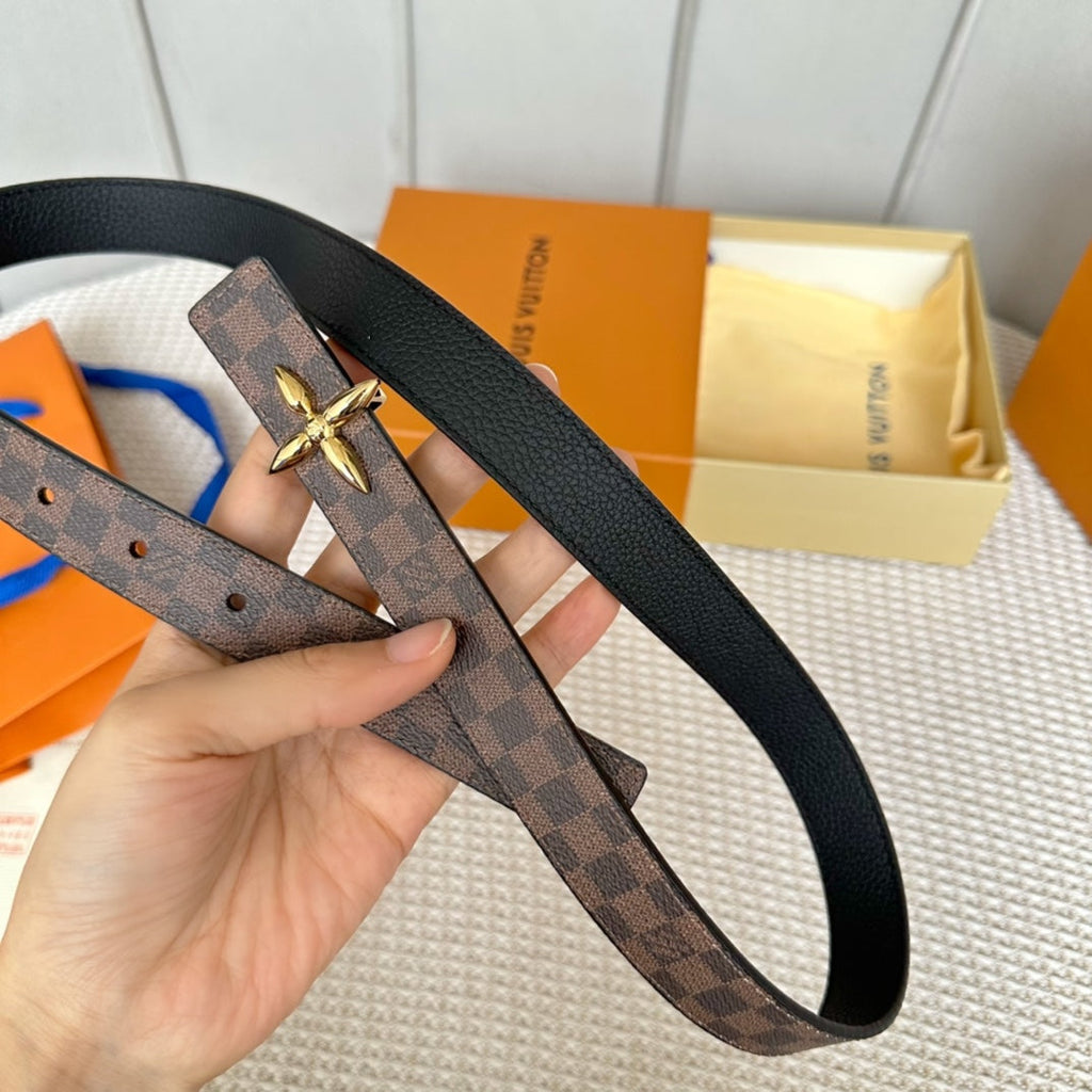 LOUIS VUITTON LV FLOWERGRAM 25 MM REVERSIBLE BELT IN BROWN DAMIER CALFSKIN GOLD HARDWARE