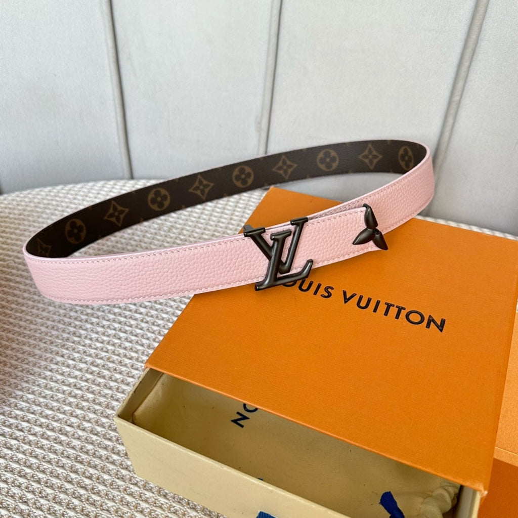 LOUIS VUITTON PRETTY LV 30MM REVERSIBLE BELT IN LIGHT PINK CALFSKIN BLACK HARDWARE