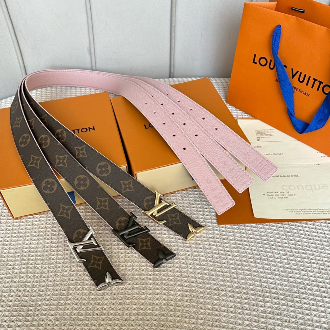 LOUIS VUITTON PRETTY LV 30MM REVERSIBLE BELT IN LIGHT PINK CALFSKIN BLACK HARDWARE