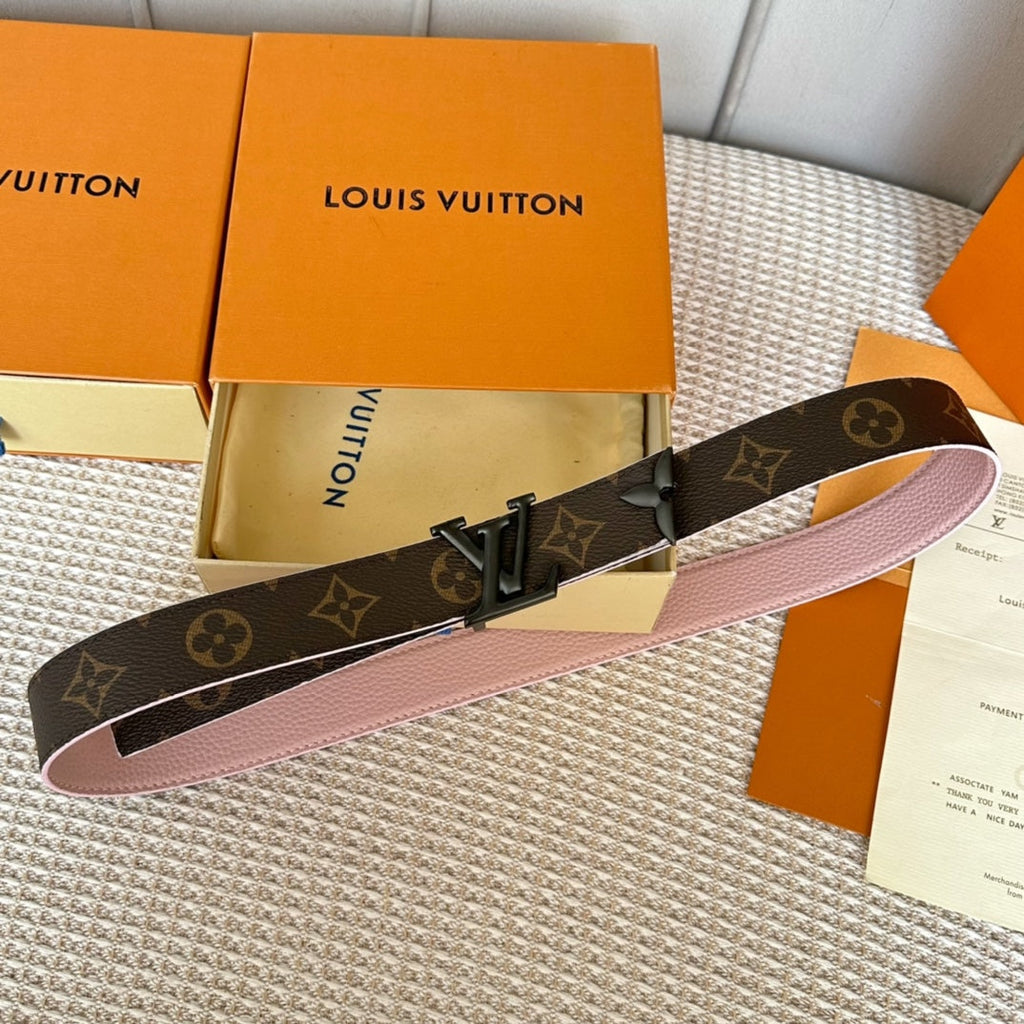 LOUIS VUITTON PRETTY LV 30MM REVERSIBLE BELT IN LIGHT PINK CALFSKIN BLACK HARDWARE