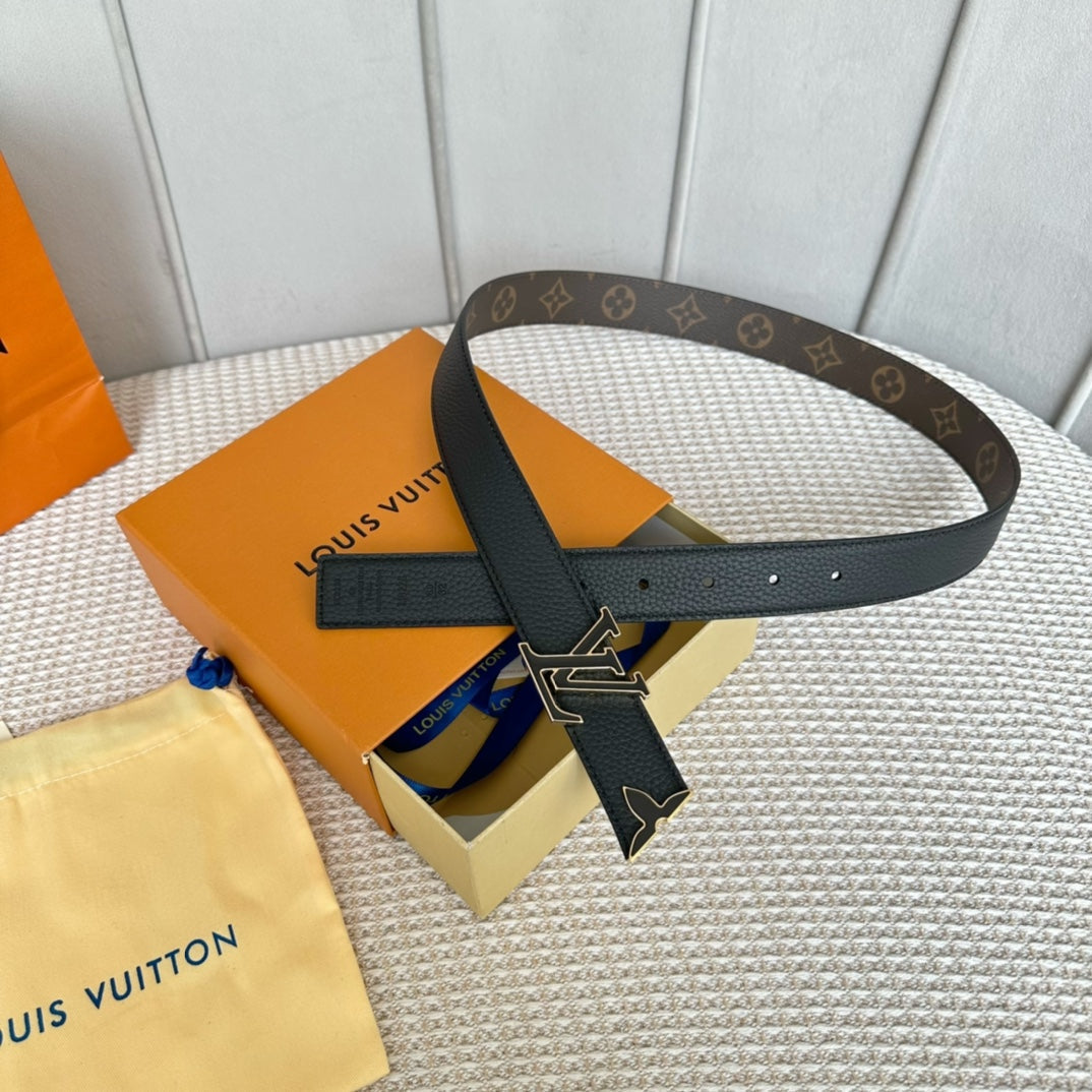 LOUIS VUITTON Pretty LV 30mm Reversible Belt Black Gold Buckle Black Brown Leather