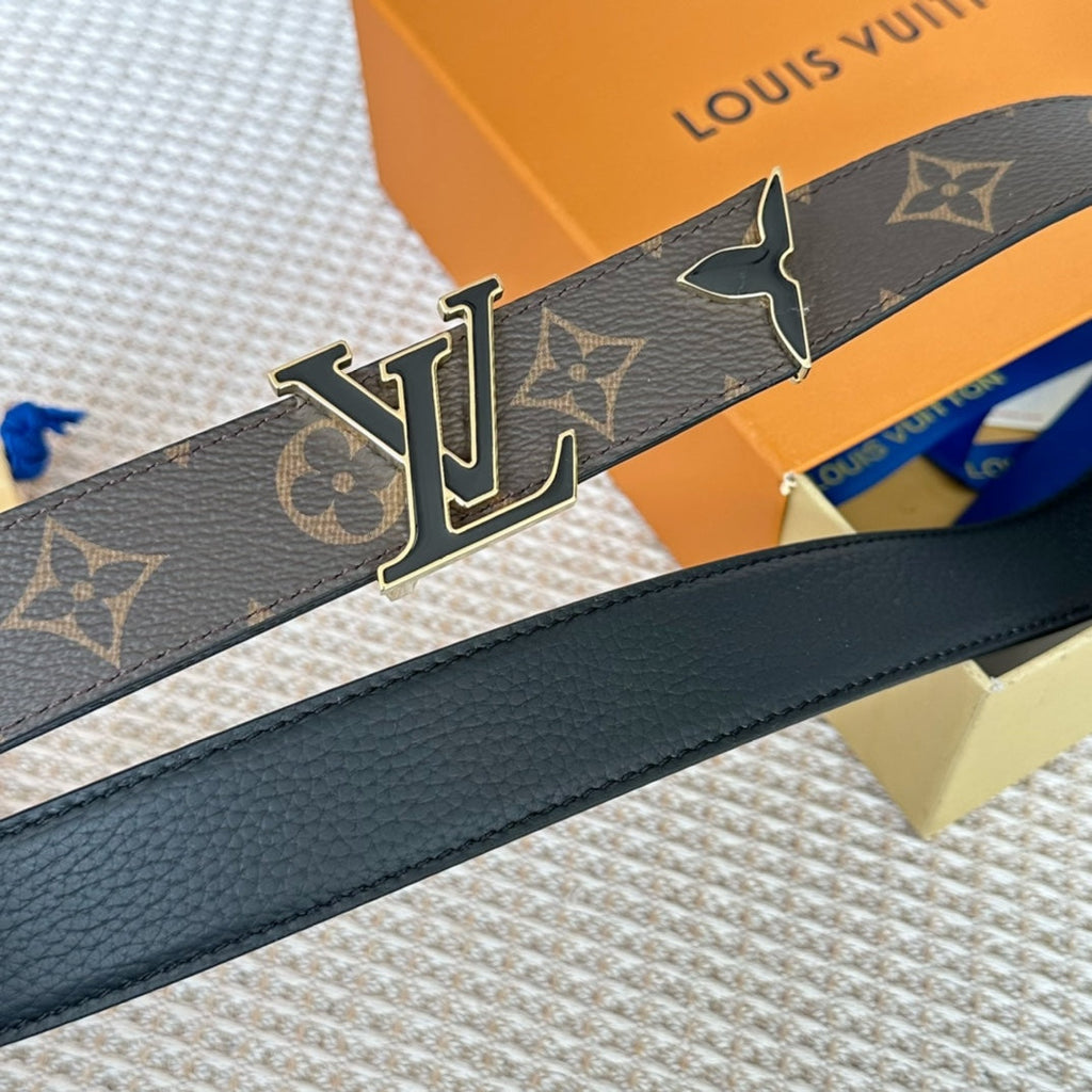 LOUIS VUITTON Pretty LV 30mm Reversible Belt Black Gold Buckle Black Brown Leather