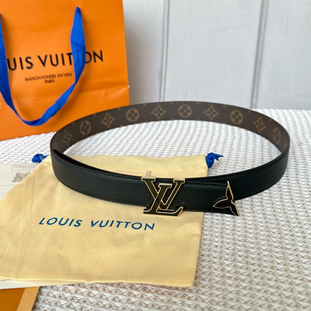 LOUIS VUITTON Pretty LV 30mm Reversible Belt Black Gold Buckle Black Brown Leather