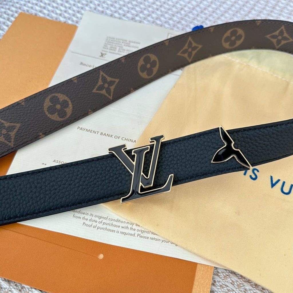 LOUIS VUITTON Pretty LV 30mm Reversible Belt Black Gold Buckle Black Brown Leather