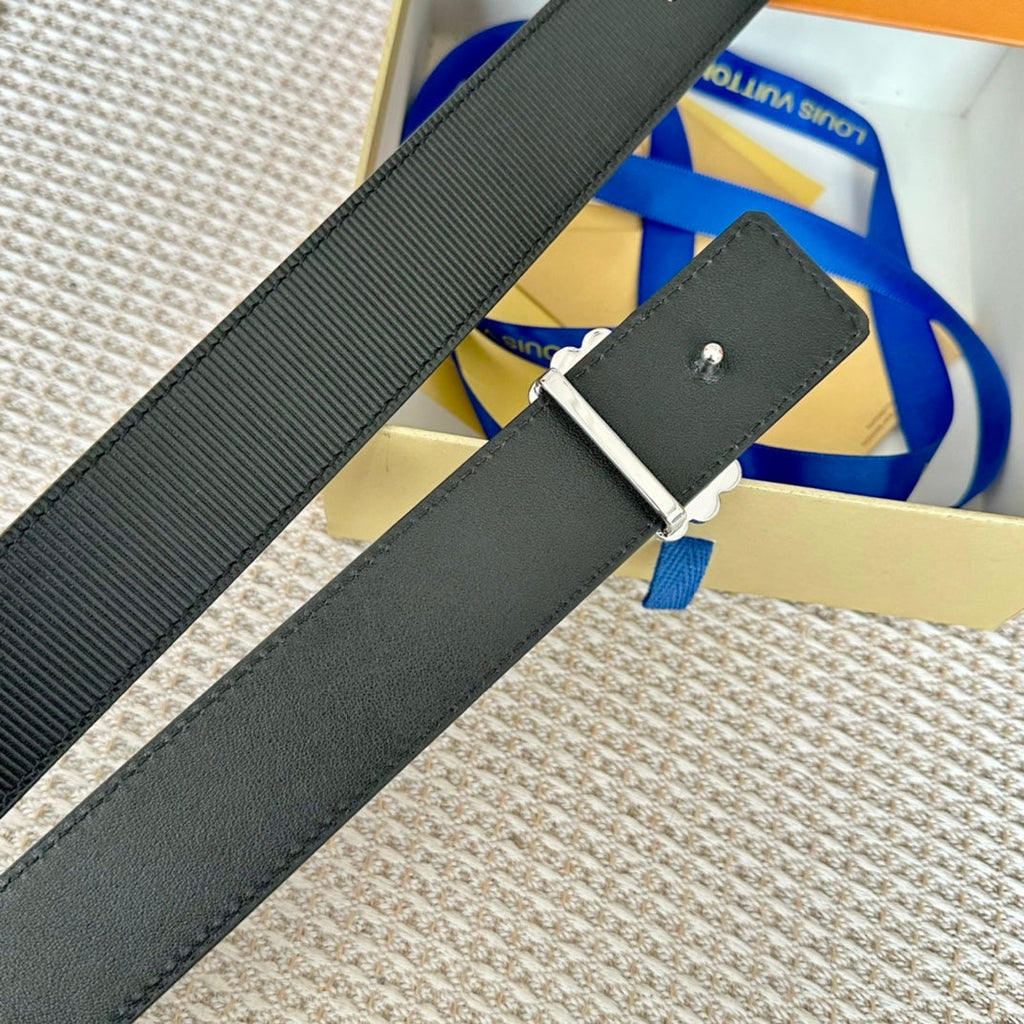 LOUIS VUITTON LV CIRCLE PEARL 35MM REVERSIBLE BELT IN BLACK CALFSKIN SILVER HARDWARE