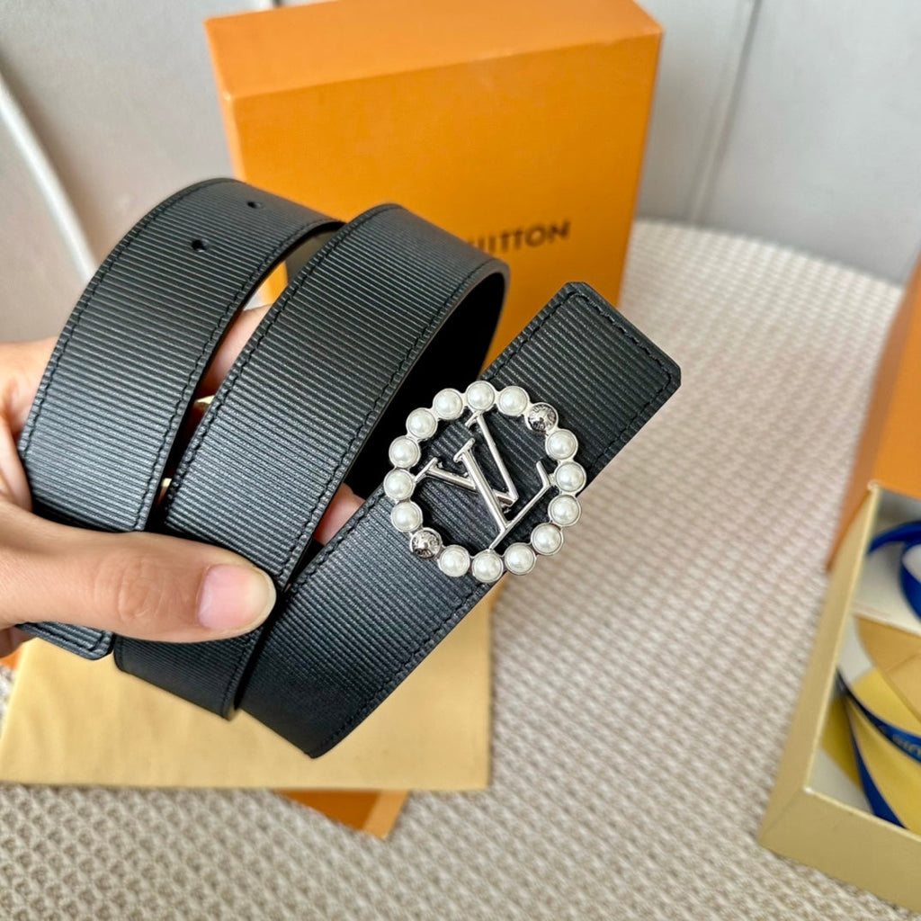 LOUIS VUITTON LV CIRCLE PEARL 35MM REVERSIBLE BELT IN BLACK CALFSKIN SILVER HARDWARE