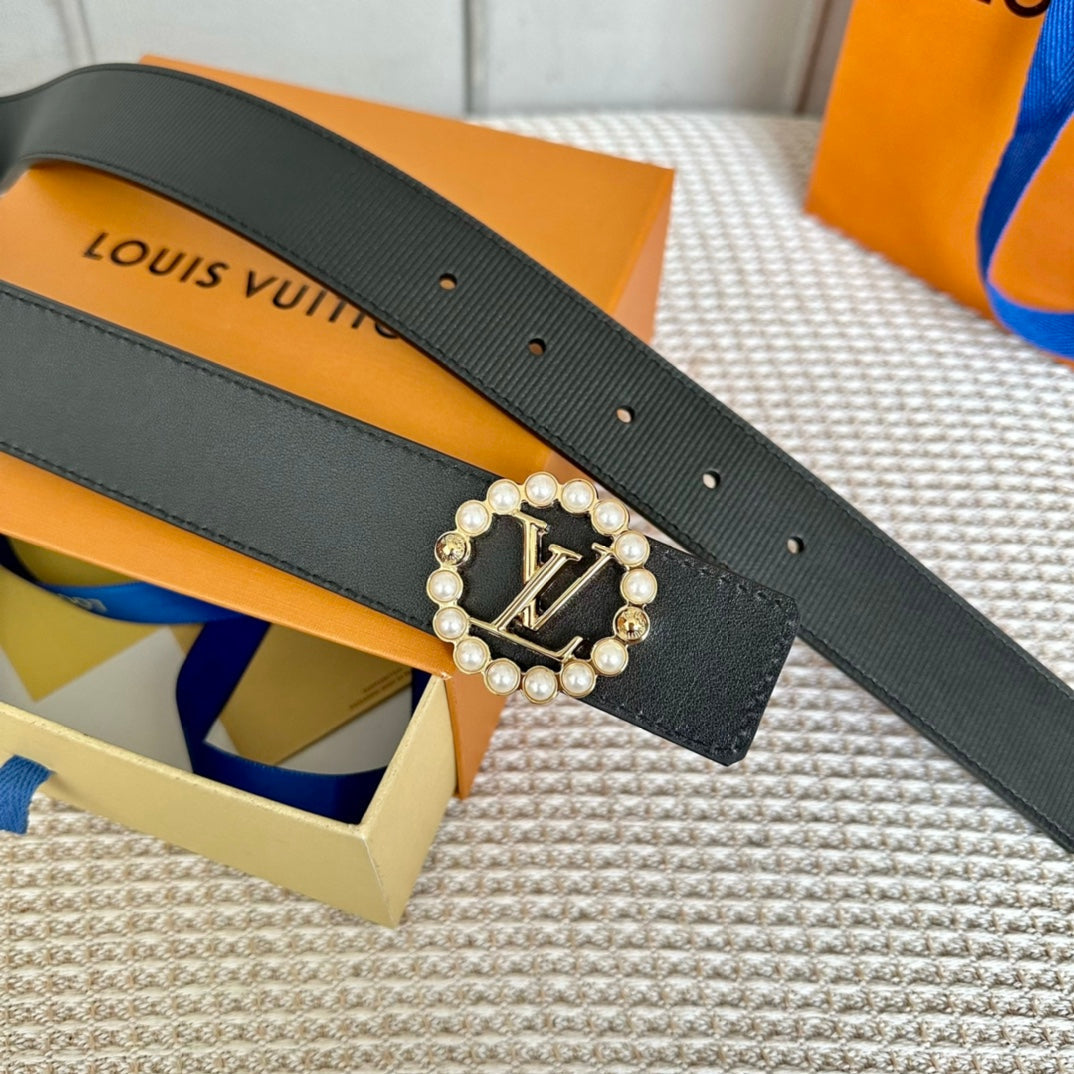 LOUIS VUITTON LV CIRCLE PEARL 35MM REVERSIBLE BELT IN BLACK CALFSKIN GOLD HARDWARE