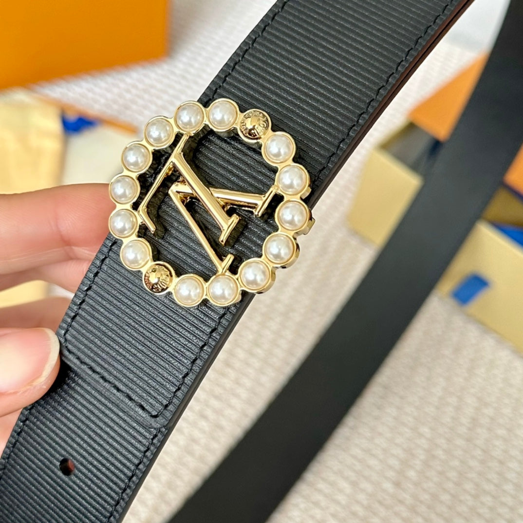 LOUIS VUITTON LV CIRCLE PEARL 35MM REVERSIBLE BELT IN BLACK CALFSKIN GOLD HARDWARE