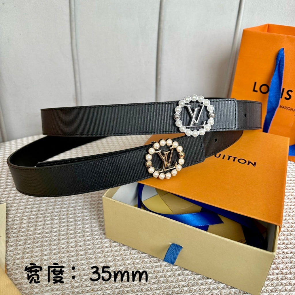 LOUIS VUITTON LV CIRCLE PEARL 35MM REVERSIBLE BELT IN BLACK CALFSKIN GOLD HARDWARE