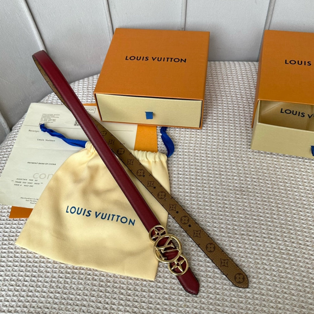 LOUIS VUITTON LV S-LOCK BELT 20 MM BROWN MONOGRAM AND AUBURN RED CALFSKIN GOLD HARDWARE