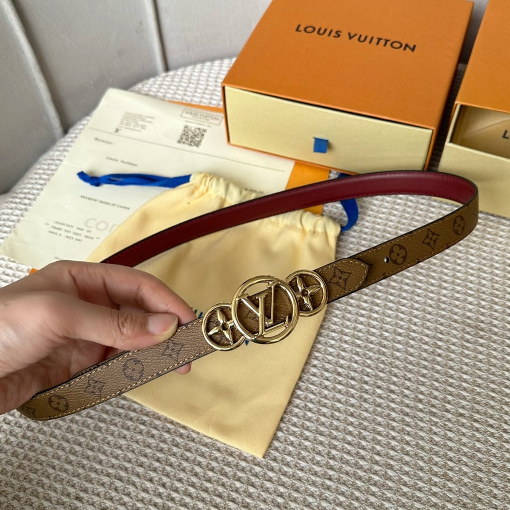 LOUIS VUITTON LV S-LOCK BELT 20 MM BROWN MONOGRAM AND AUBURN RED CALFSKIN GOLD HARDWARE