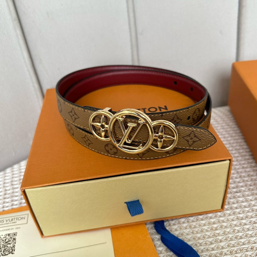 LOUIS VUITTON LV S-LOCK BELT 20 MM BROWN MONOGRAM AND AUBURN RED CALFSKIN GOLD HARDWARE