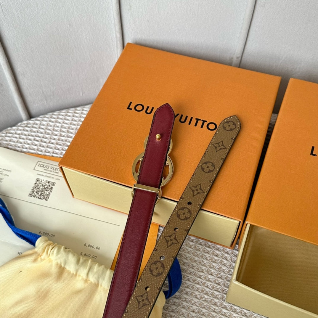 LOUIS VUITTON LV S-LOCK BELT 20 MM BROWN MONOGRAM AND AUBURN RED CALFSKIN GOLD HARDWARE