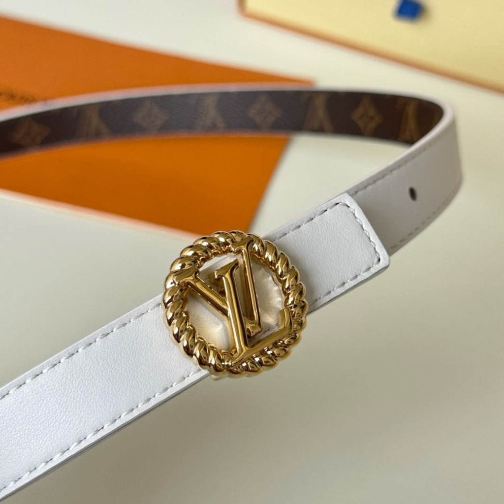 LOUIS VUITTON LV Circle Nautical 20mm Reversible Belt Gold Buckle White Brown Lambskin