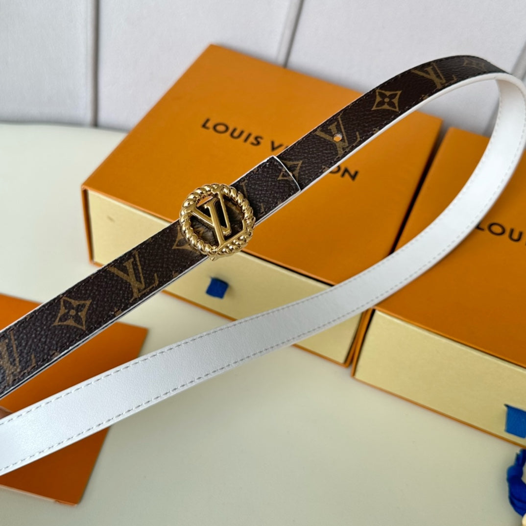 LOUIS VUITTON LV Circle Nautical 20mm Reversible Belt Gold Buckle White Brown Lambskin