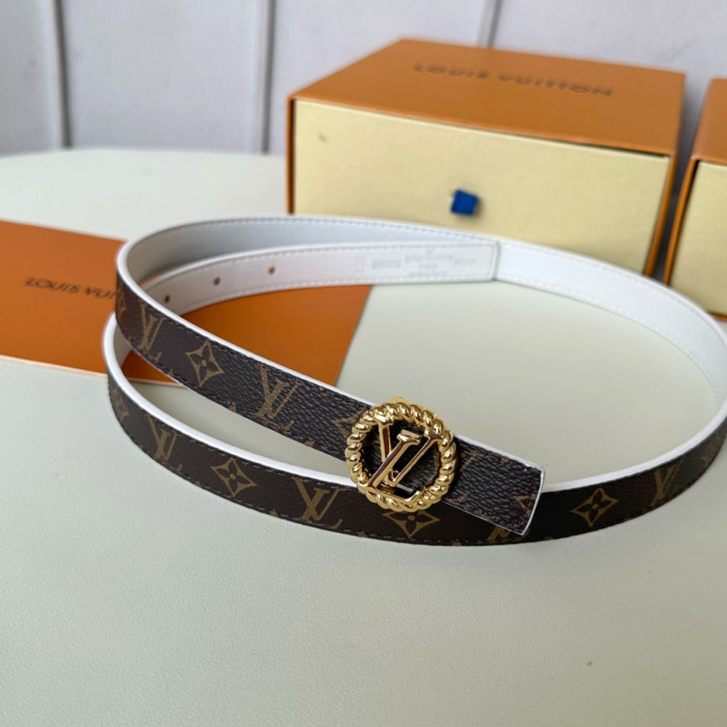 LOUIS VUITTON LV Circle Nautical 20mm Reversible Belt Gold Buckle White Brown Lambskin