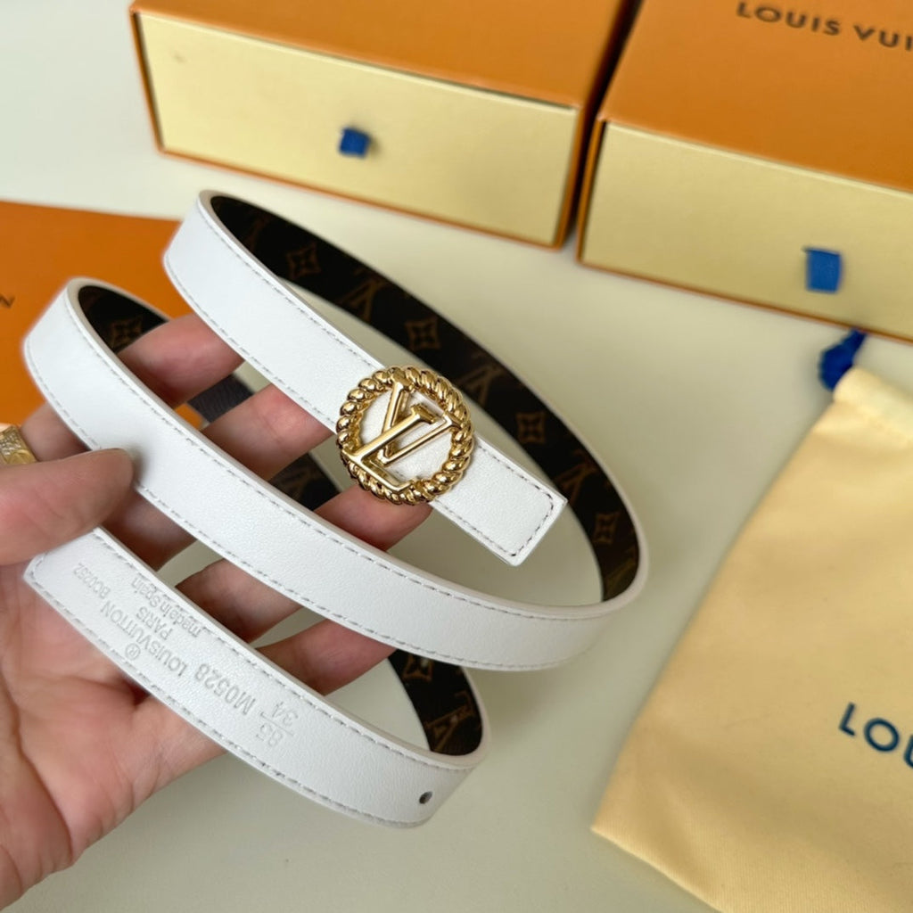 LOUIS VUITTON LV Circle Nautical 20mm Reversible Belt Gold Buckle White Brown Lambskin