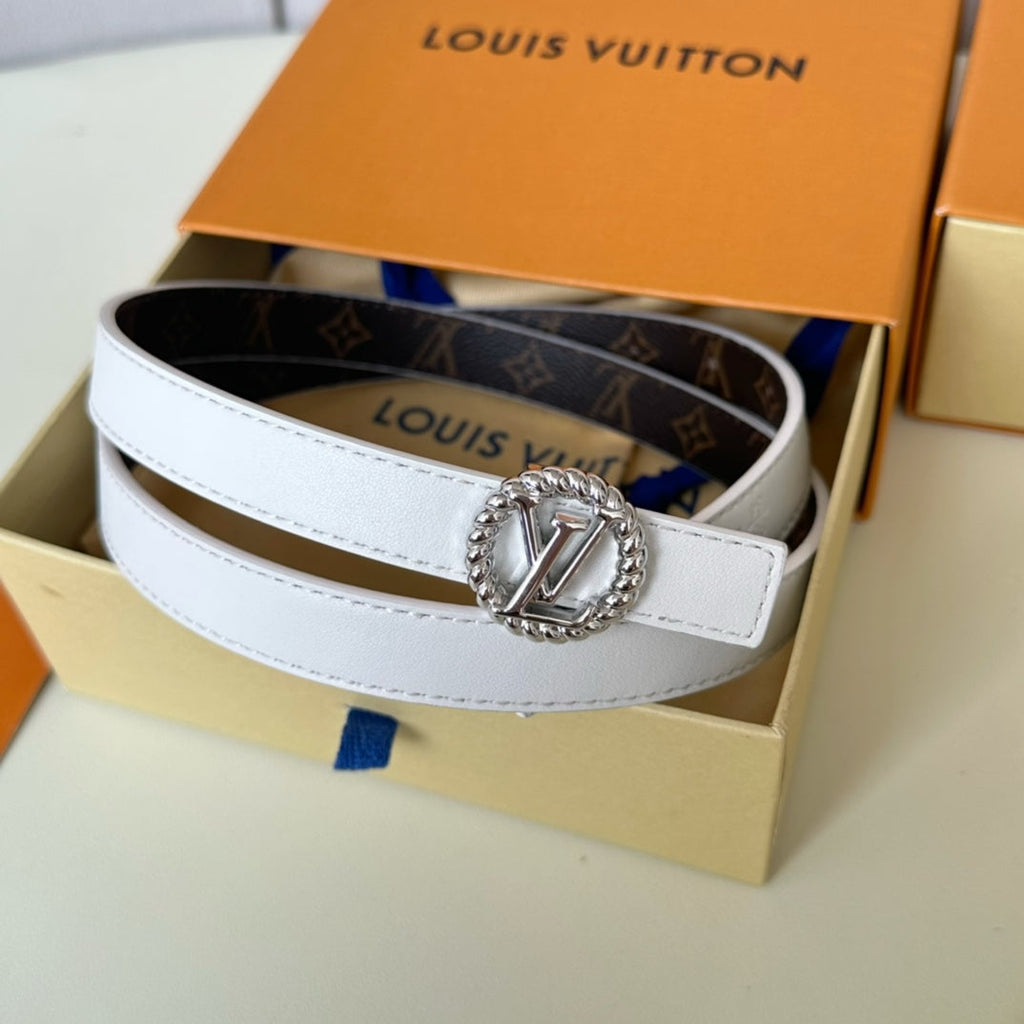 LOUIS VUITTON LV Circle Nautical 20mm Reversible Belt Silver Buckle White Brown Lambskin