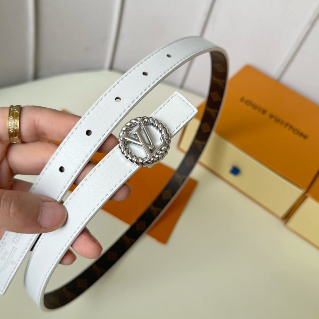 LOUIS VUITTON LV Circle Nautical 20mm Reversible Belt Silver Buckle White Brown Lambskin