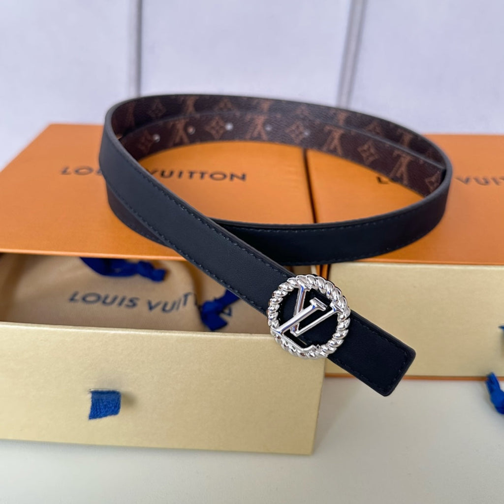 LOUIS VUITTON LV Circle Nautical 20mm Reversible Square End Tip Belt Silver Buckle Navy Blue Brown lambskin