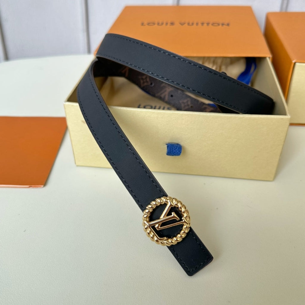 LOUIS VUITTON LV Circle Nautical 20mm black sheep square head belt with gold reverse buckle