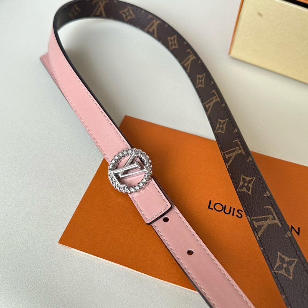LOUIS VUITTON LV Circle Nautical 20mm Reversible Belt Silver Buckle Pink Brown Lambskin