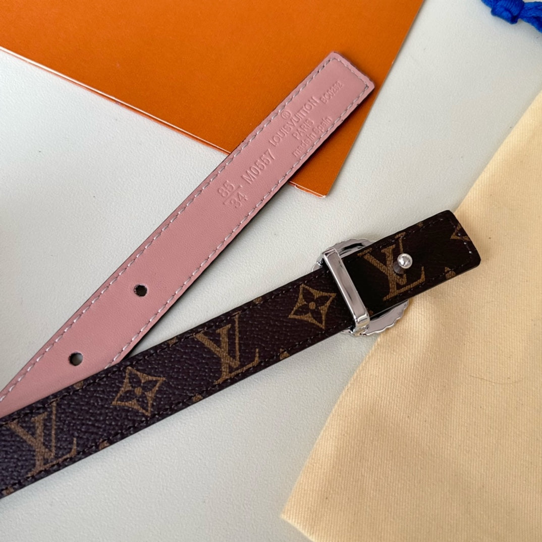 LOUIS VUITTON LV Circle Nautical 20mm Reversible Belt Silver Buckle Pink Brown Lambskin