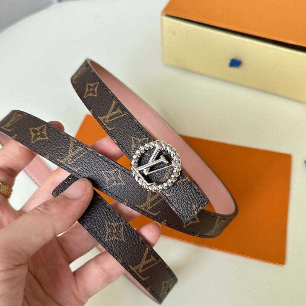 LOUIS VUITTON LV Circle Nautical 20mm Reversible Belt Silver Buckle Pink Brown Lambskin