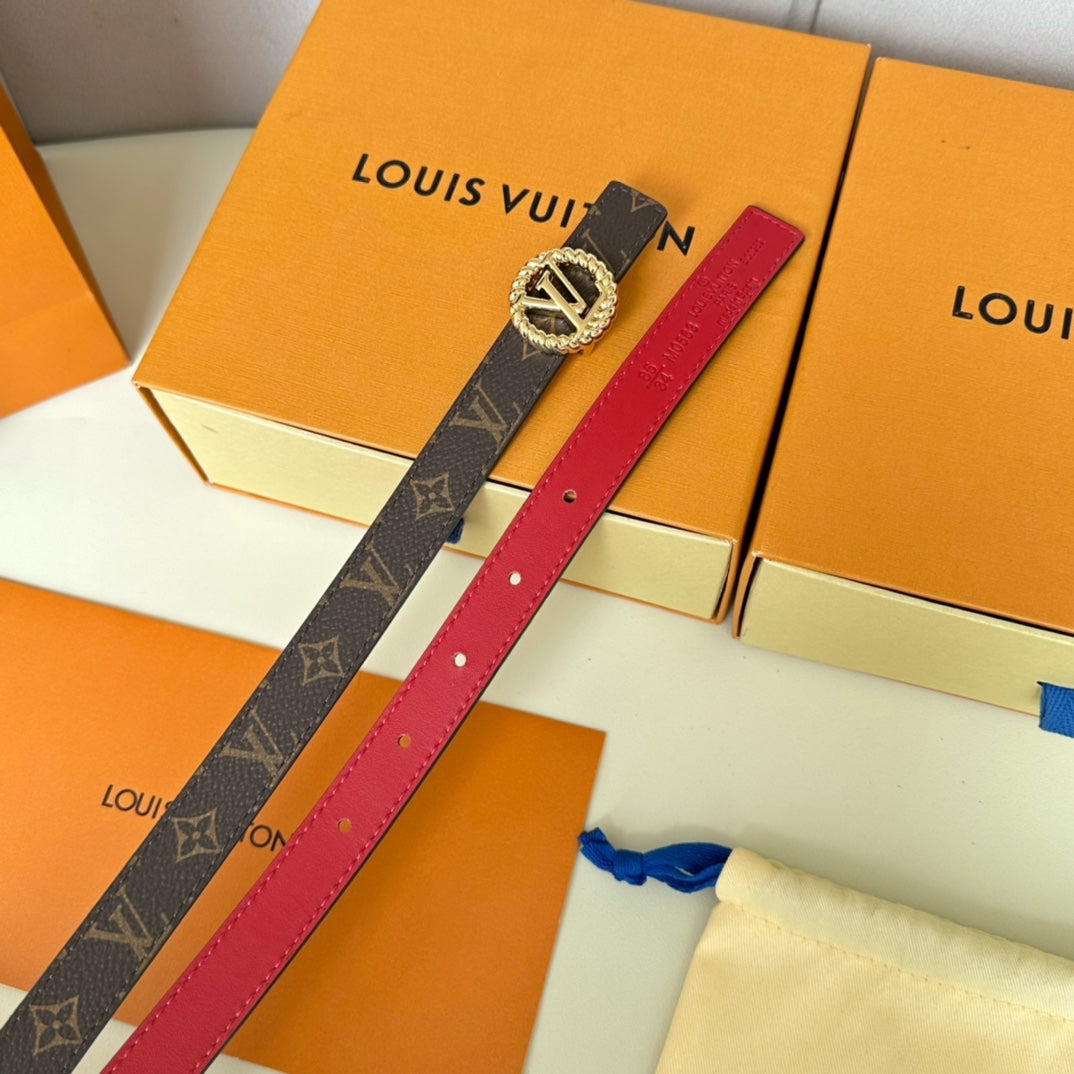 LOUIS VUITTON LV Circle Nautical 20mm Reversible Belt Gold Buckle Red Brown Lambskin