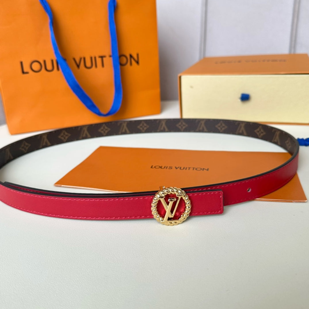 LOUIS VUITTON LV Circle Nautical 20mm Reversible Belt Gold Buckle Red Brown Lambskin