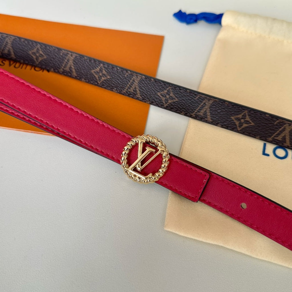 LOUIS VUITTON LV Circle Nautical 20mm Reversible Belt Gold Buckle Red Brown Lambskin