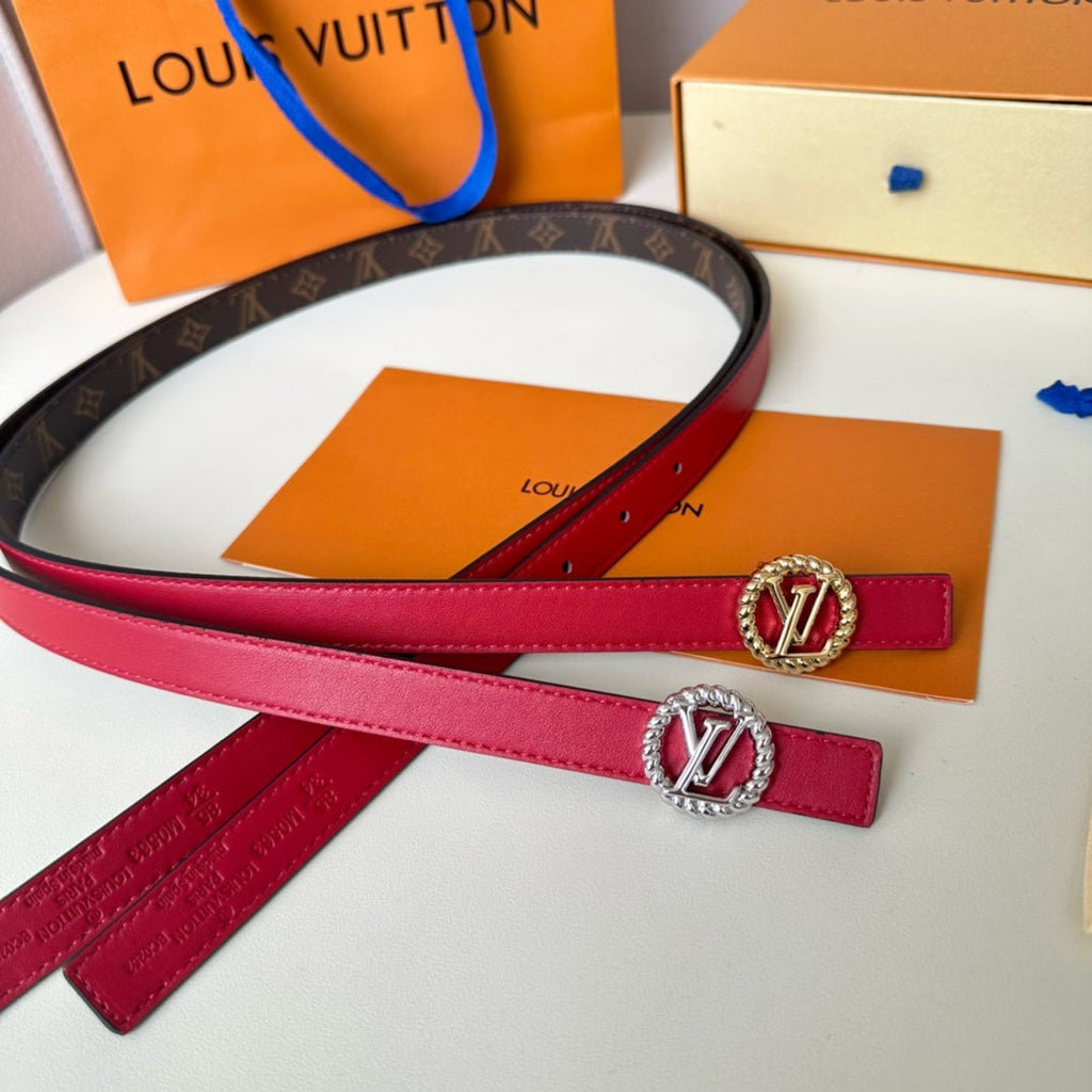 LOUIS VUITTON LV Circle Nautical 20mm Reversible Belt Silver Buckle Red Brown Lambskin