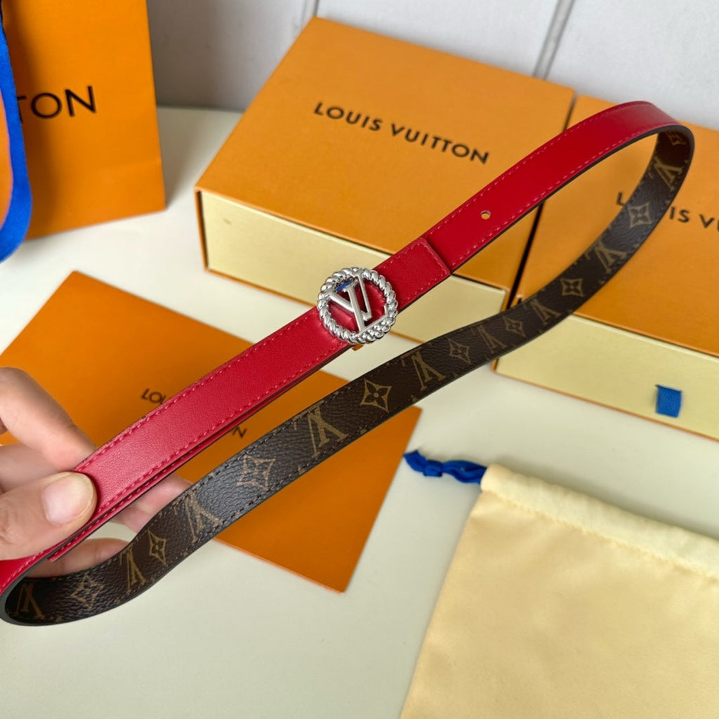 LOUIS VUITTON LV Circle Nautical 20mm Reversible Belt Silver Buckle Red Brown Lambskin