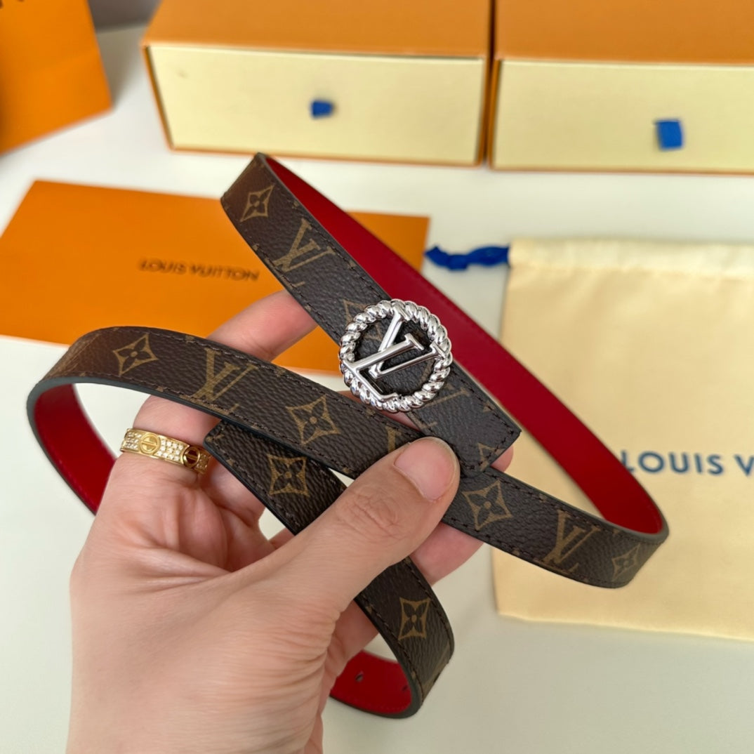 LOUIS VUITTON LV Circle Nautical 20mm Reversible Belt Silver Buckle Red Brown Lambskin