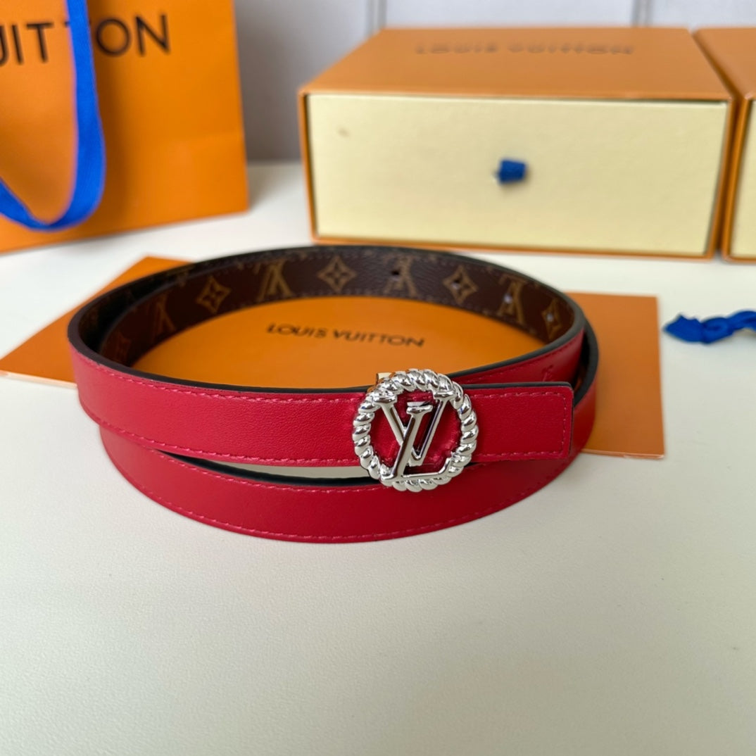 LOUIS VUITTON LV Circle Nautical 20mm Reversible Belt Silver Buckle Red Brown Lambskin