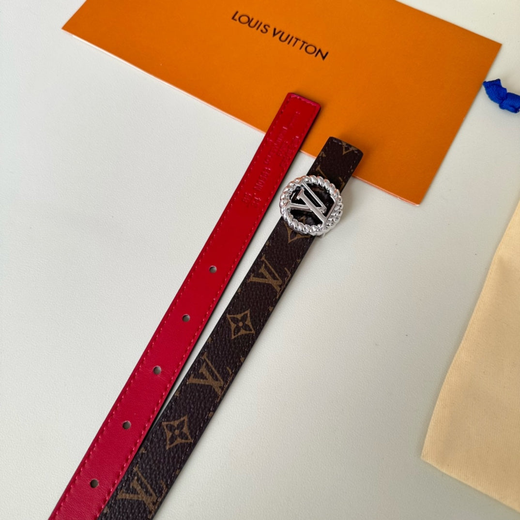 LOUIS VUITTON LV Circle Nautical 20mm Reversible Belt Silver Buckle Red Brown Lambskin