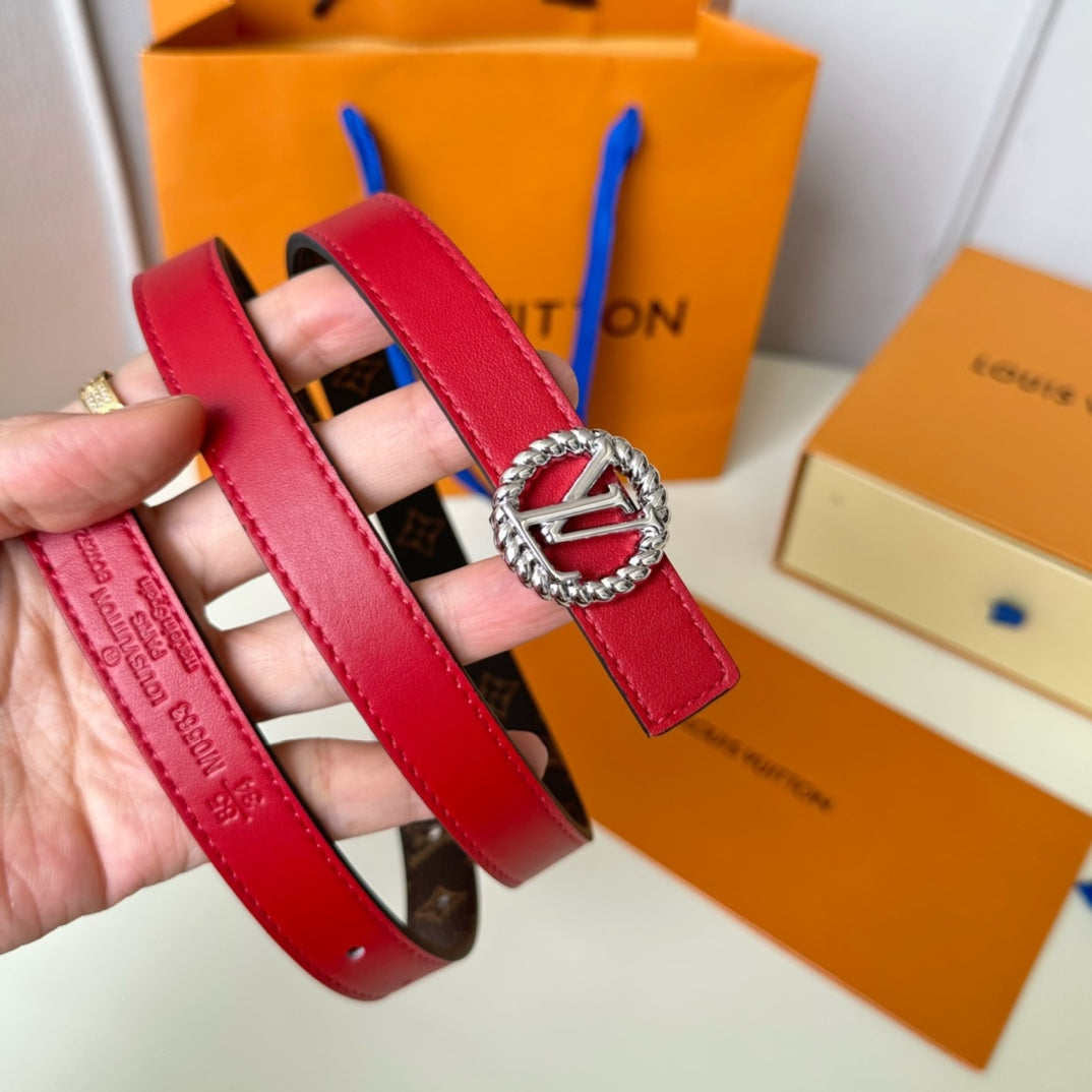 LOUIS VUITTON LV Circle Nautical 20mm Reversible Belt Silver Buckle Red Brown Lambskin