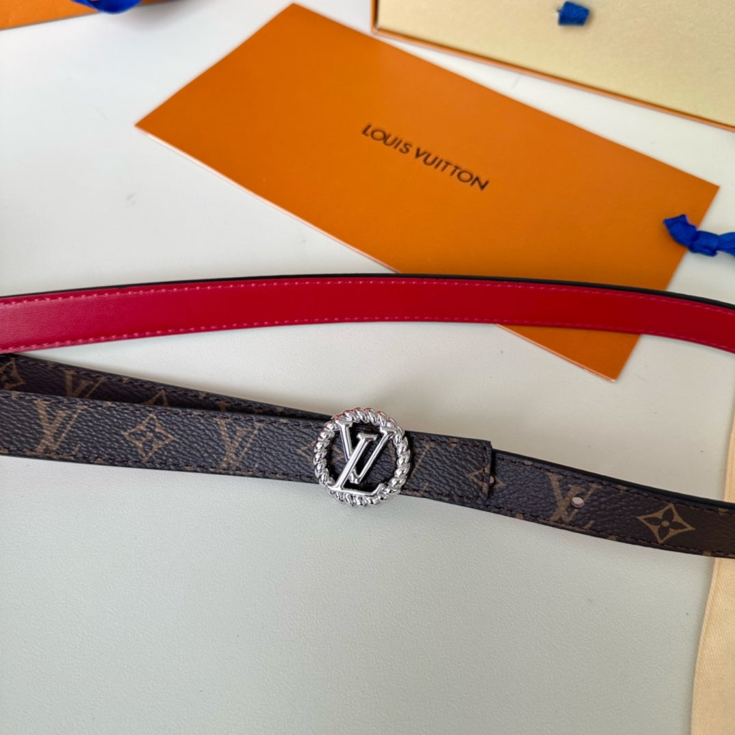 LOUIS VUITTON LV Circle Nautical 20mm Reversible Belt Silver Buckle Red Brown Lambskin