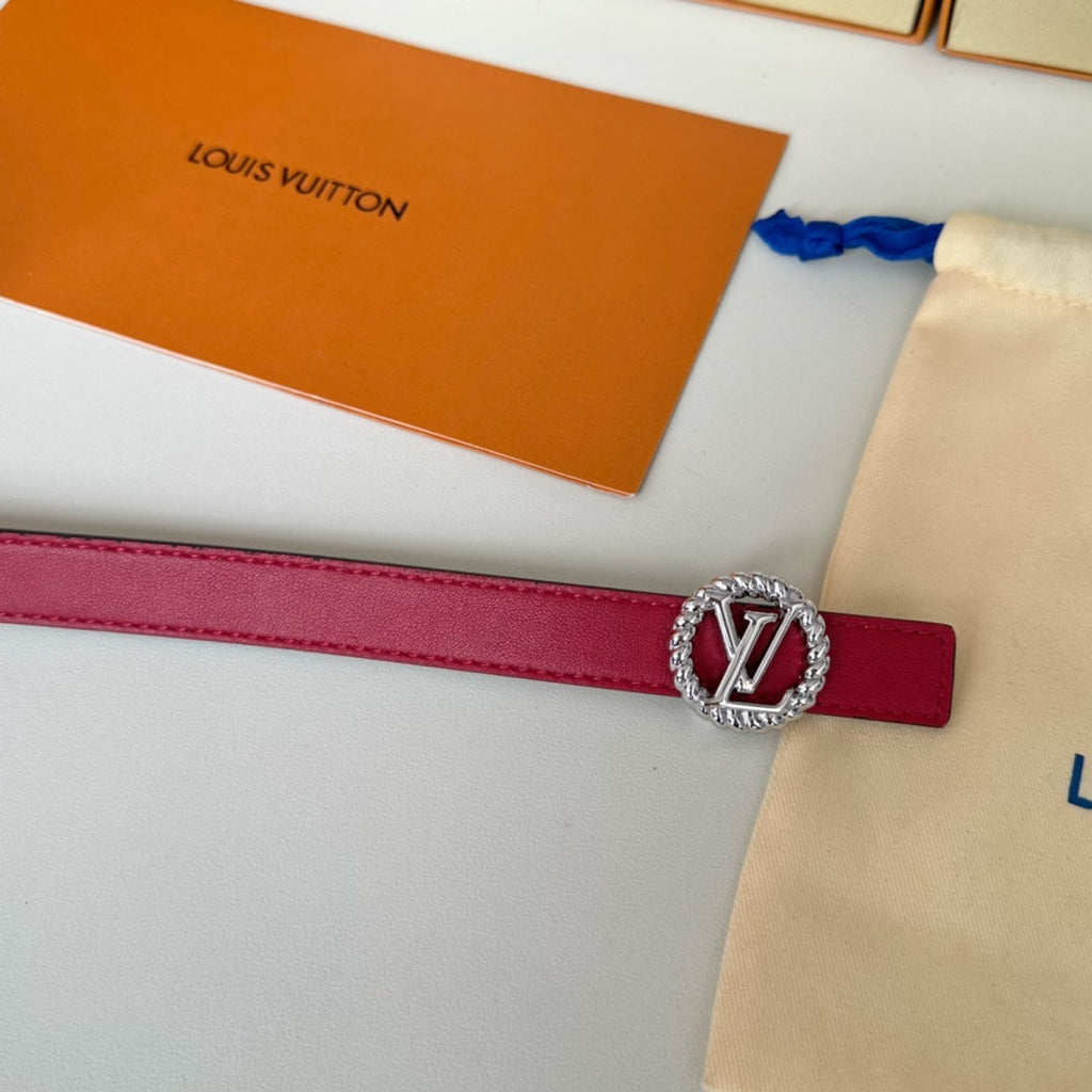 LOUIS VUITTON LV Circle Nautical 20mm Reversible Belt Silver Buckle Red Brown Lambskin