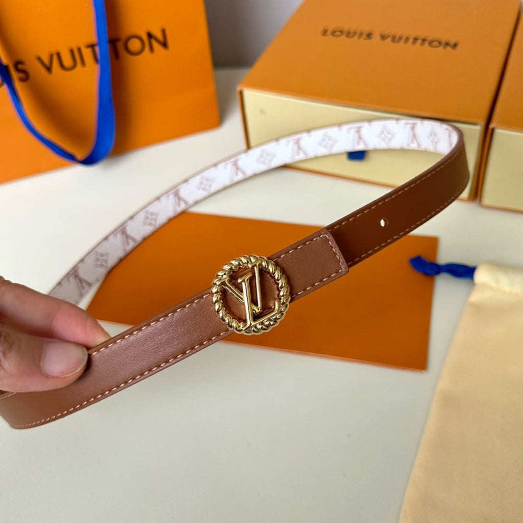 LOUIS VUITTON LV Circle Nautical 20mm Reversible Square End Tip Belt Gold Buckle Tan White lambskin