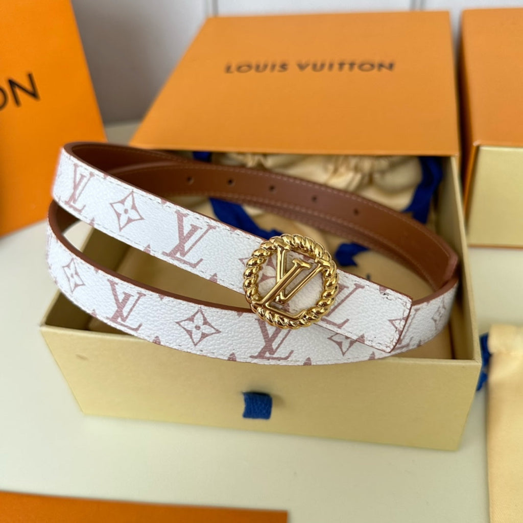 LOUIS VUITTON LV Circle Nautical 20mm Reversible Square End Tip Belt Gold Buckle Tan White lambskin