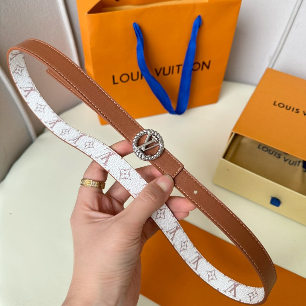 LOUIS VUITTON LV Circle Nautical 20mm Reversible Square End Tip Belt Silver Buckle Tan White lambskin