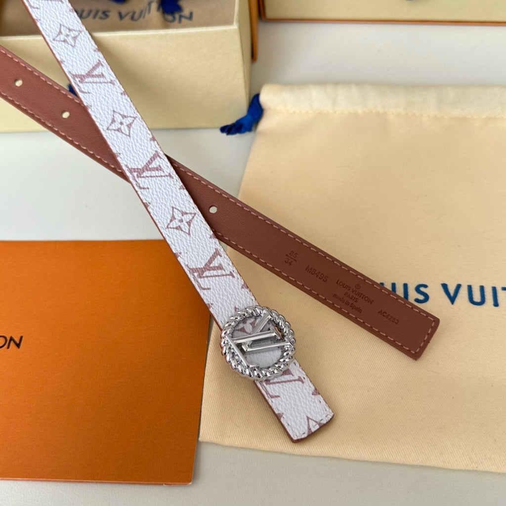 LOUIS VUITTON LV Circle Nautical 20mm Reversible Square End Tip Belt Silver Buckle Tan White lambskin