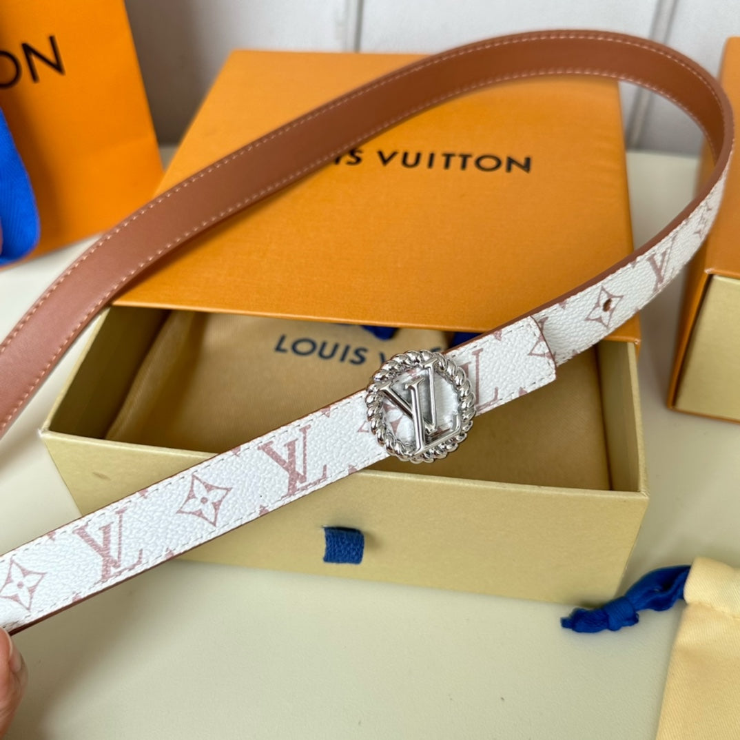 LOUIS VUITTON LV Circle Nautical 20mm Reversible Square End Tip Belt Silver Buckle Tan White lambskin