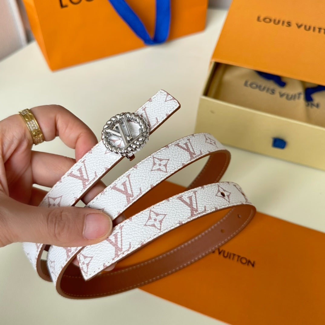LOUIS VUITTON LV Circle Nautical 20mm Reversible Square End Tip Belt Silver Buckle Tan White lambskin