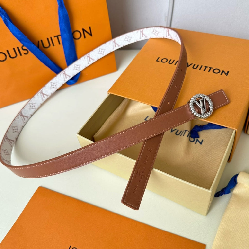 LOUIS VUITTON LV Circle Nautical 20mm Reversible Square End Tip Belt Silver Buckle Tan White lambskin