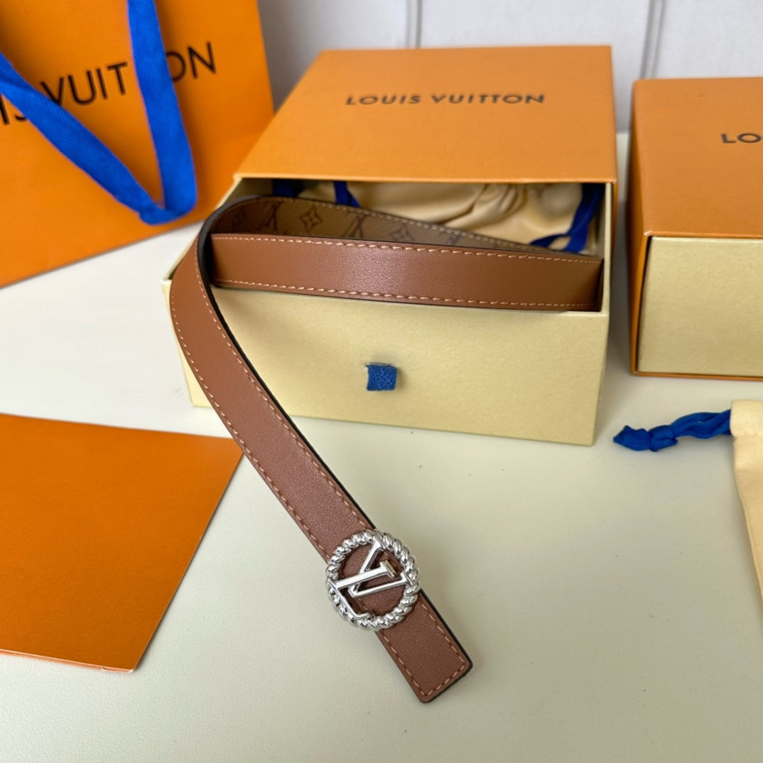 LOUIS VUITTON LV Circle Nautical 20mm Reversible Square End Tip Belt Silver Buckle Tan Light Brown lambskin