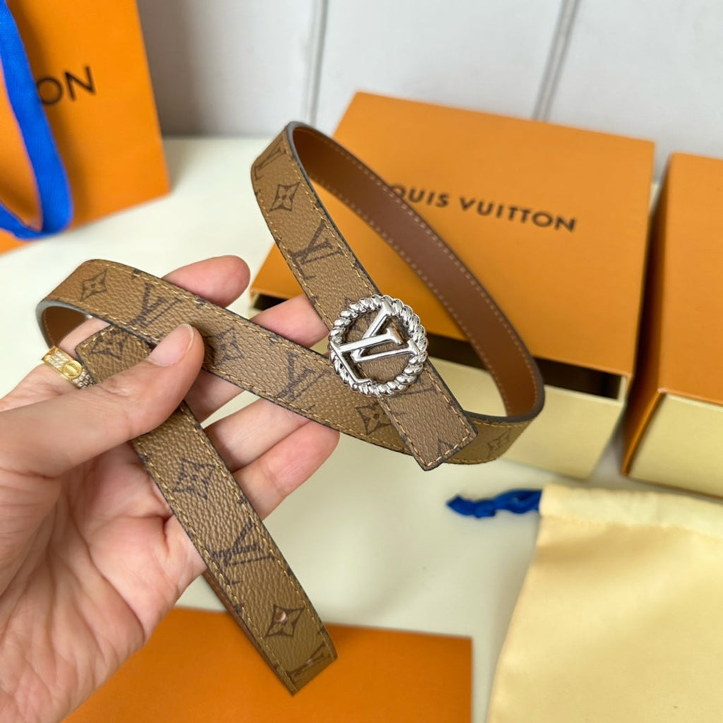 LOUIS VUITTON LV Circle Nautical 20mm Reversible Square End Tip Belt Silver Buckle Tan Light Brown lambskin