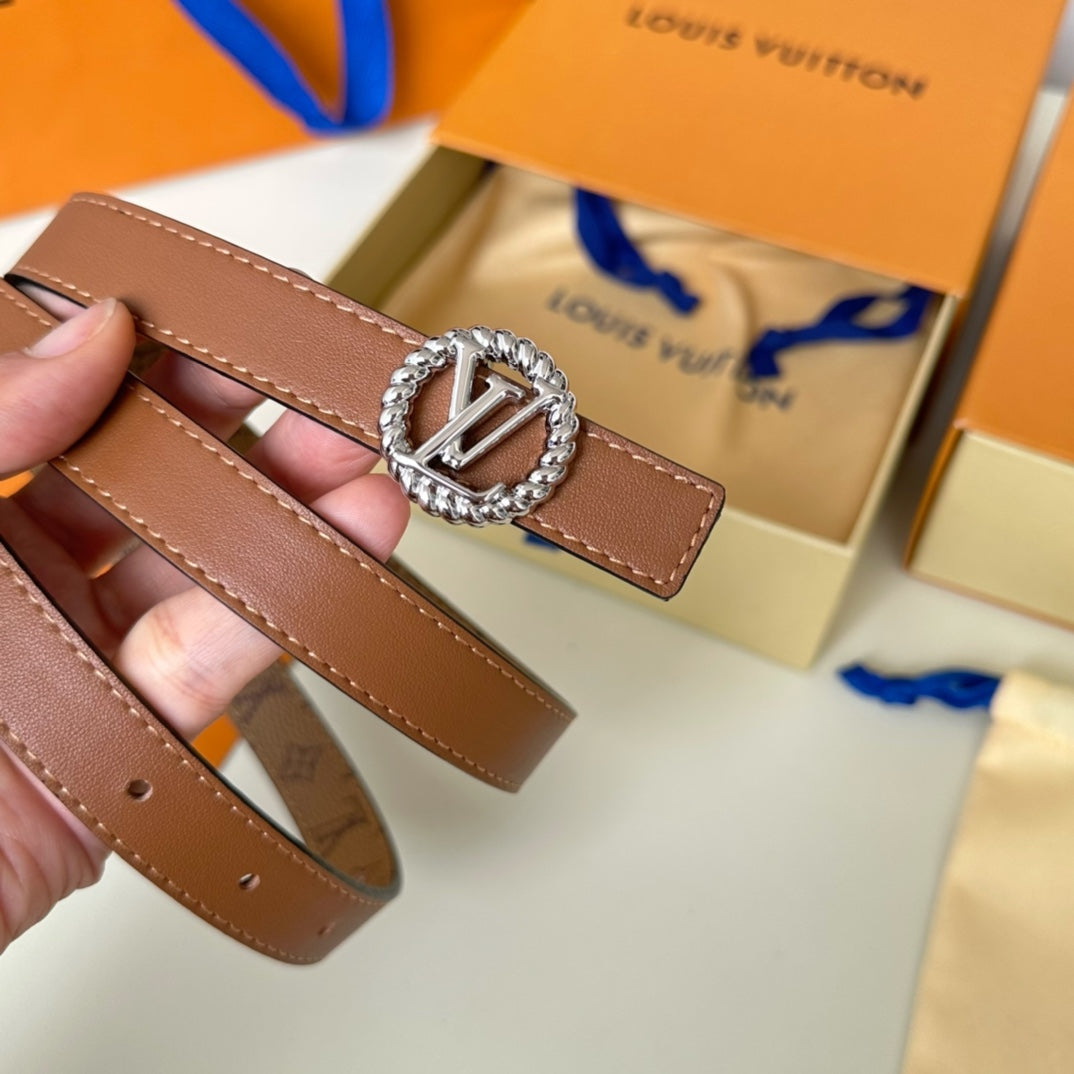 LOUIS VUITTON LV Circle Nautical 20mm Reversible Square End Tip Belt Silver Buckle Tan Light Brown lambskin