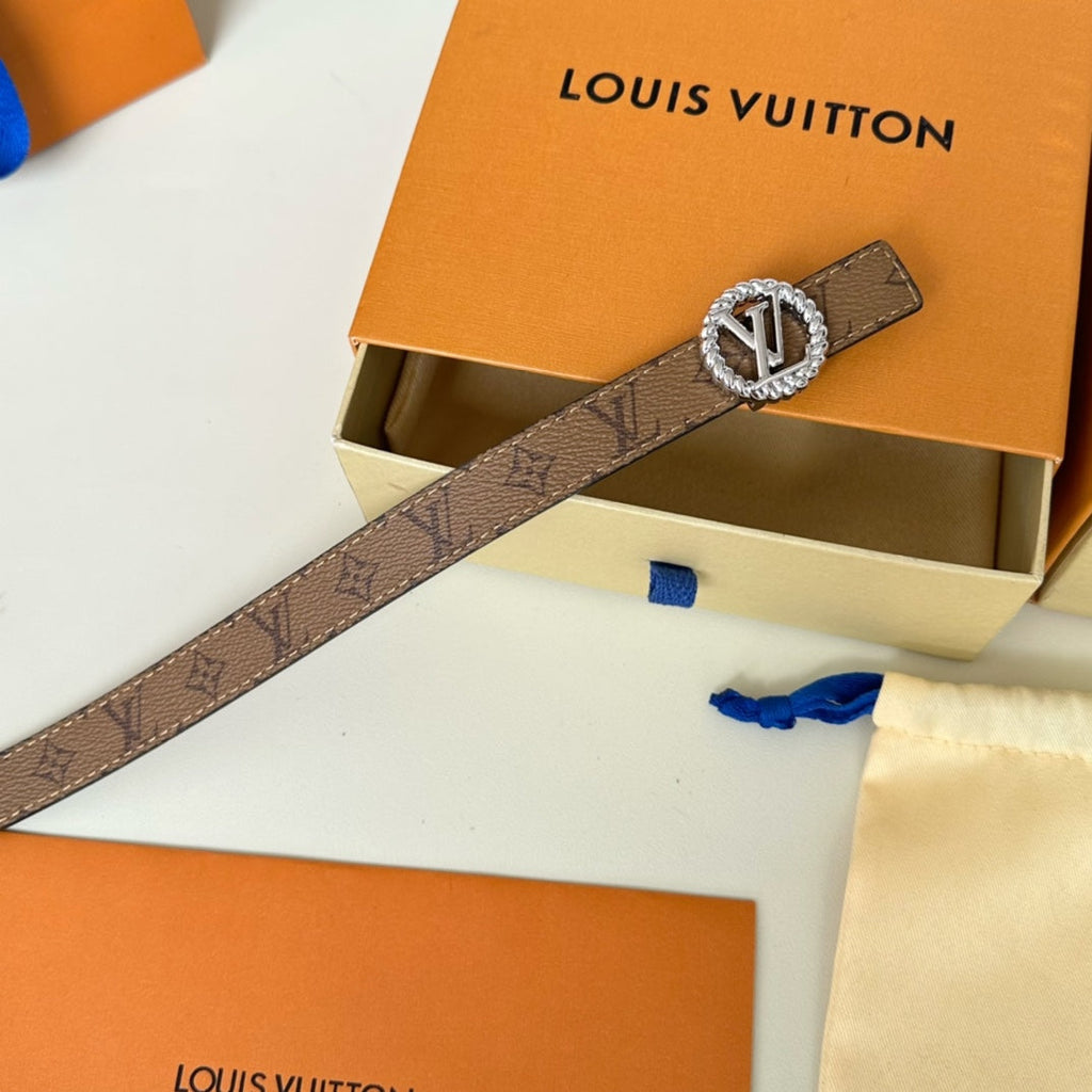 LOUIS VUITTON LV Circle Nautical 20mm Reversible Square End Tip Belt Silver Buckle Tan Light Brown lambskin